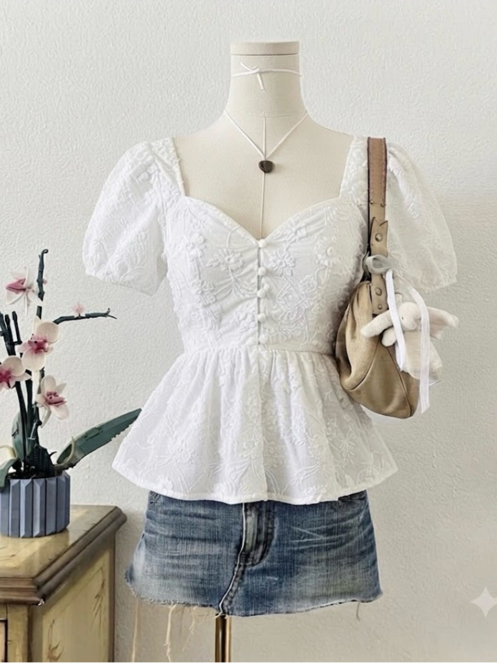 White Eyelet Button-Front Babydoll Top